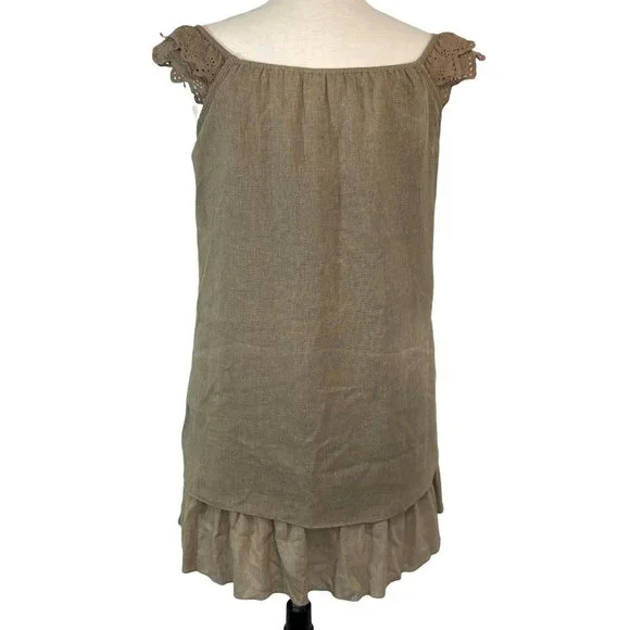 Lagenlook Tan Linen Dress Size M Embroidered Tiers Lightweight Blue Bird Boho - Picture 9 of 12